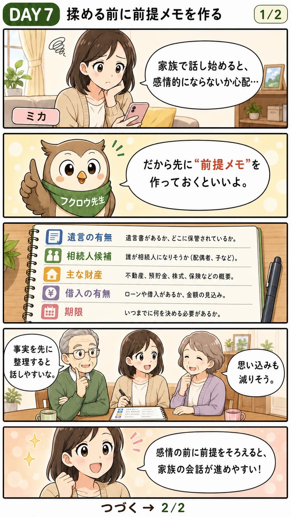 揉める前に前提メモを作ることを描いた漫画(Day7・1コマ目)
