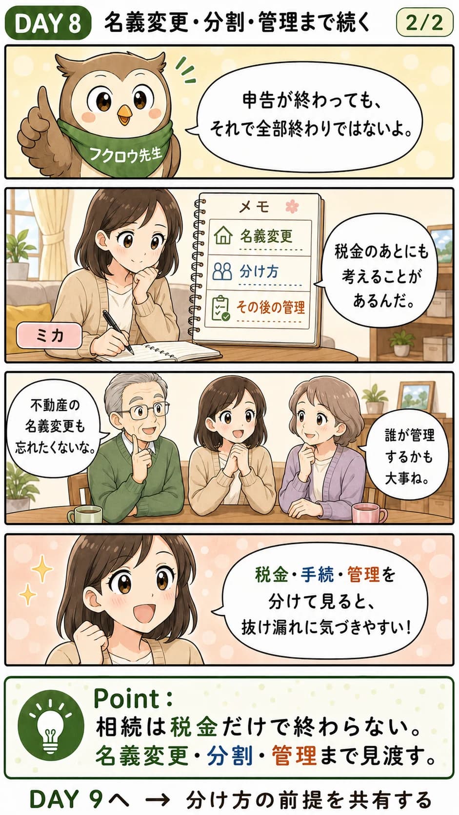 相続は名義変更・分割・管理まで続くことを描いた漫画(Day8・2コマ目)